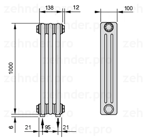 Схема (чертеж) Радиатор Zehnder Charleston 3100/3 №5310 Белый глянцевый RAL 9016